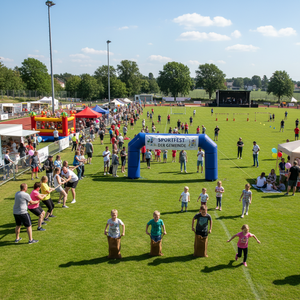 Kinder nehmen an einem Sackhüpfen-Wettbewerb auf einem sonnigen Sportfest teil, während im Hintergrund Menschen zuschauen und an Aktivitäten teilnehmen.