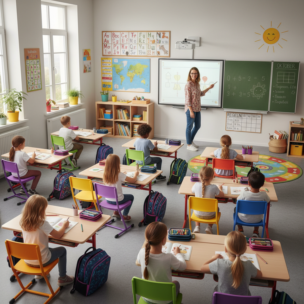 Eine Lehrerin steht vor Schülern in einem bunten Klassenzimmer und zeigt auf eine digitale Tafel.
